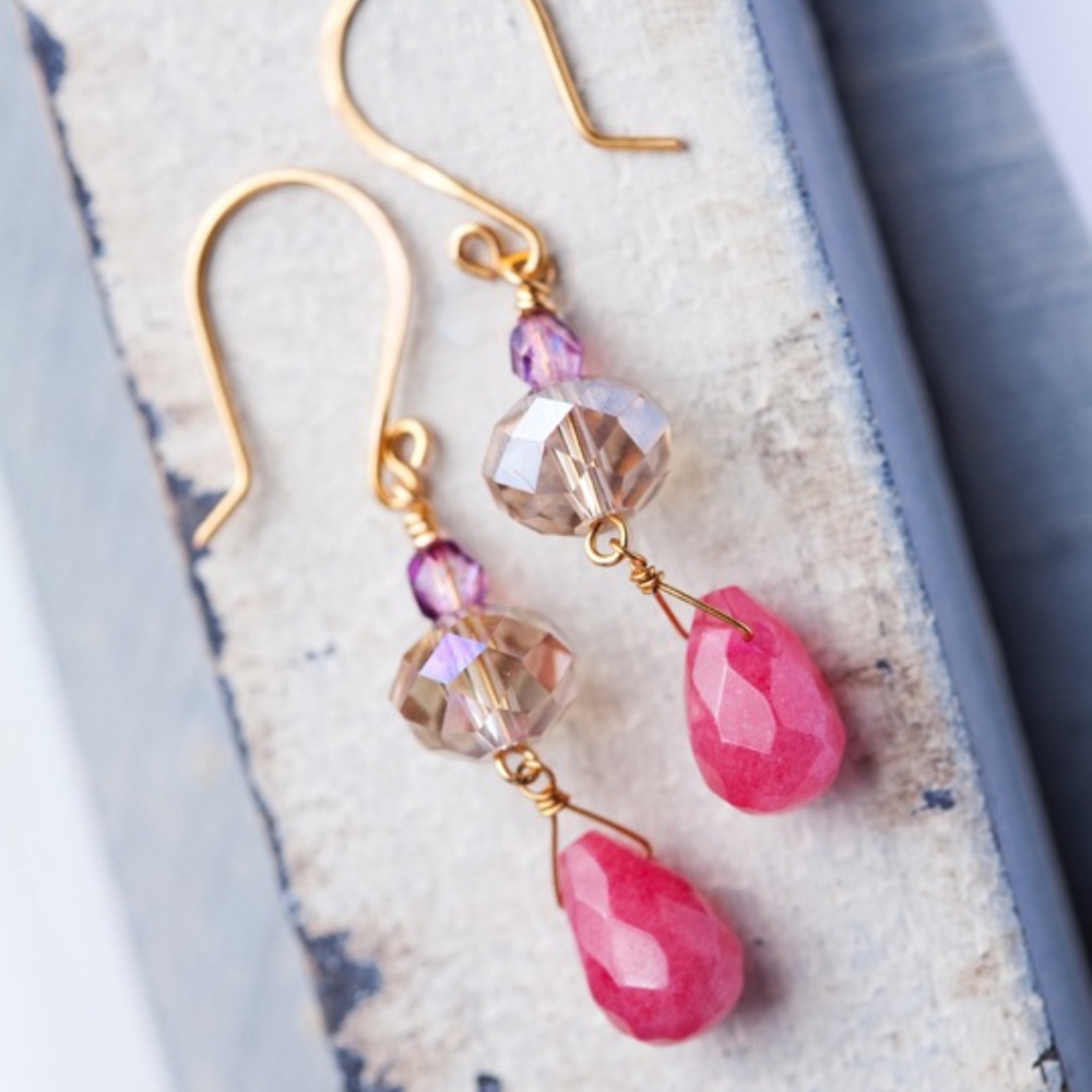 Cherry Pink Quartz Gold Dangle Earrings HANDMADE